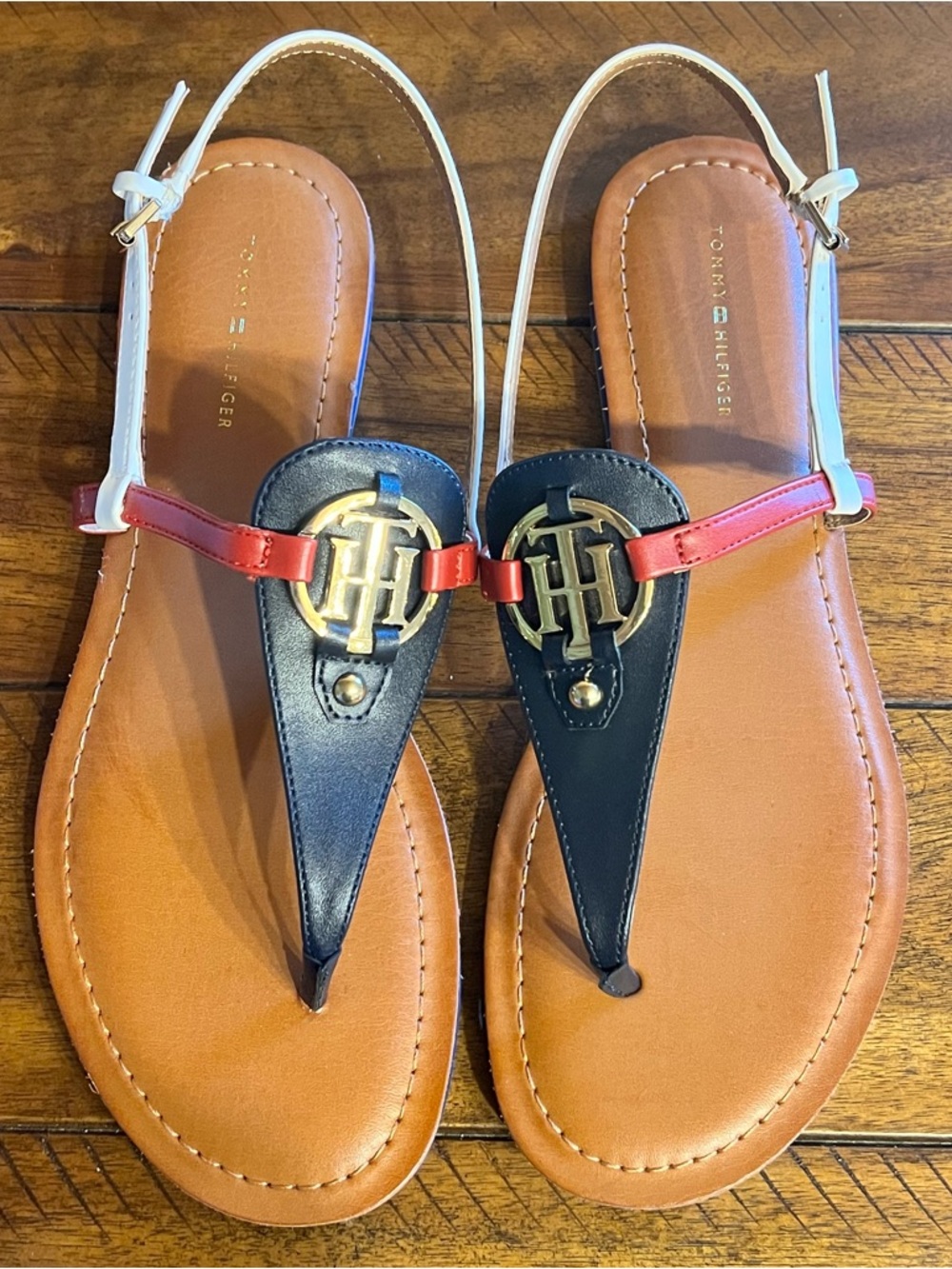 Tommy Hilfiger Logo T-Strap Sandals Red Navy Tan Size 10M